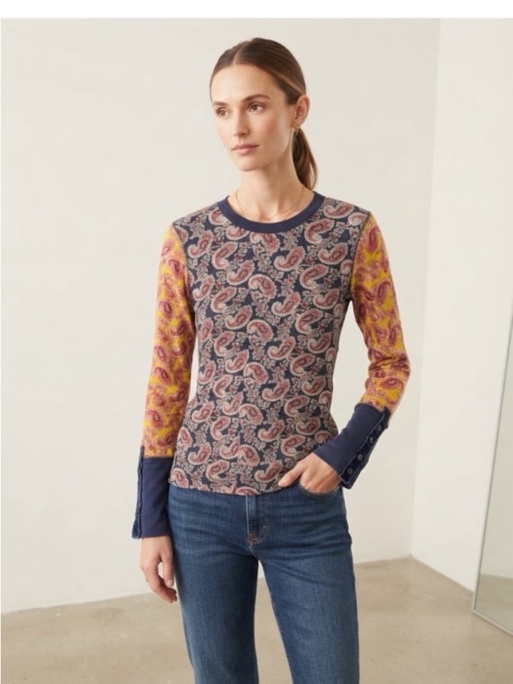 Sundance Pure Paisley Thermal Top – Mixed Print Button Cuffs Womens Size XSP